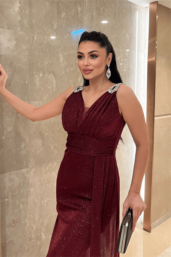 Pırıltılı Kumaş Taş Detaylı Abiye Elbise - BORDO