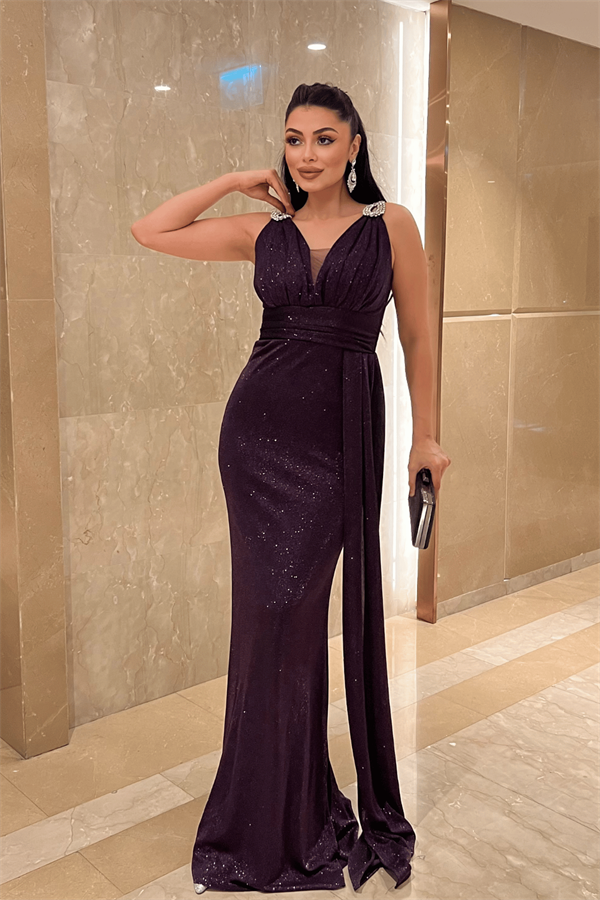 Pırıltılı Kumaş Taş Detaylı Abiye Elbise - PATLICAN MOR