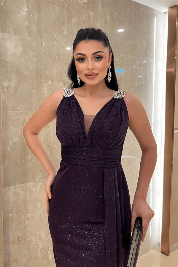 Pırıltılı Kumaş Taş Detaylı Abiye Elbise - PATLICAN MOR