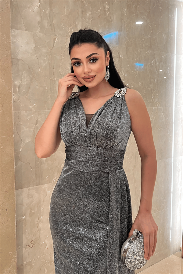 Pırıltılı Kumaş Taş Detaylı Abiye Elbise - GÜMÜŞ