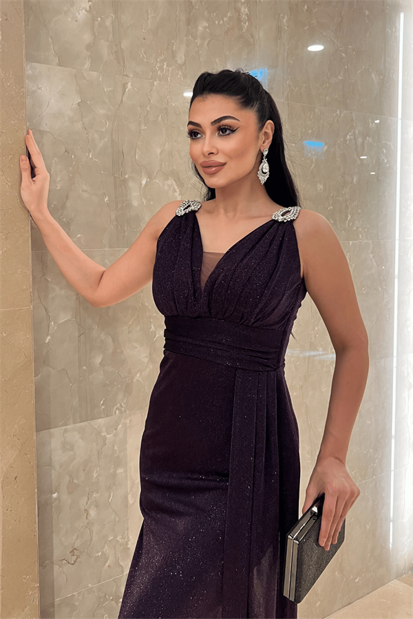 Pırıltılı Kumaş Taş Detaylı Abiye Elbise - PATLICAN MOR