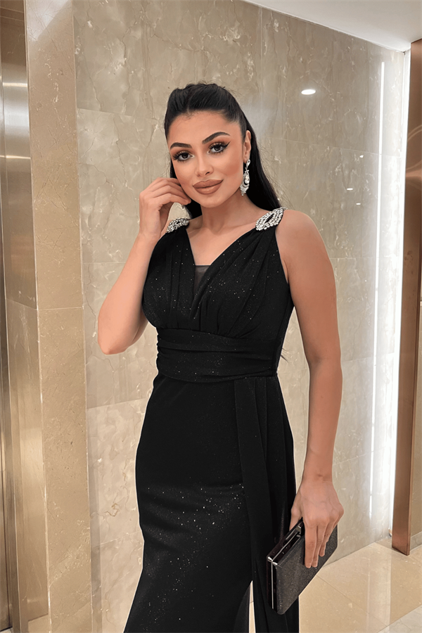 Pırıltılı Kumaş Taş Detaylı Abiye Elbise - SİYAH