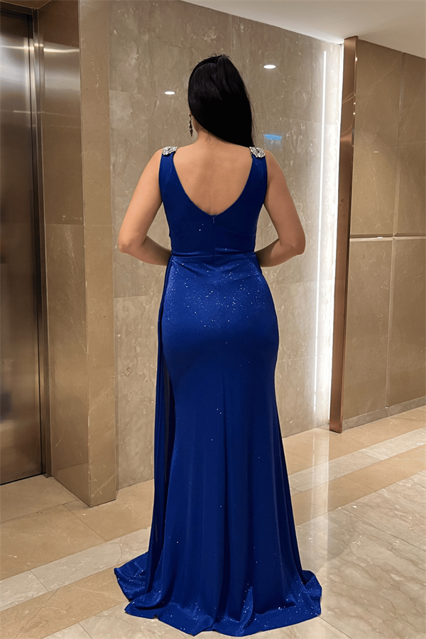 Pırıltılı Kumaş Taş Detaylı Abiye Elbise - SAKS MAVİ