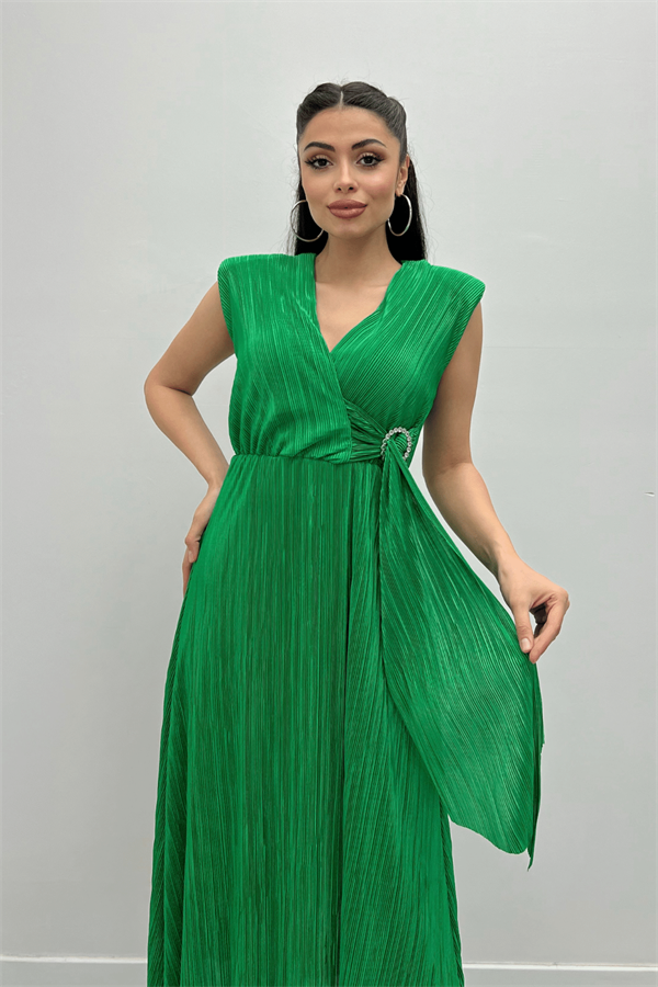 Pliseli Kumaş Beli Lastikli Kemerli Elbise - YEŞİL