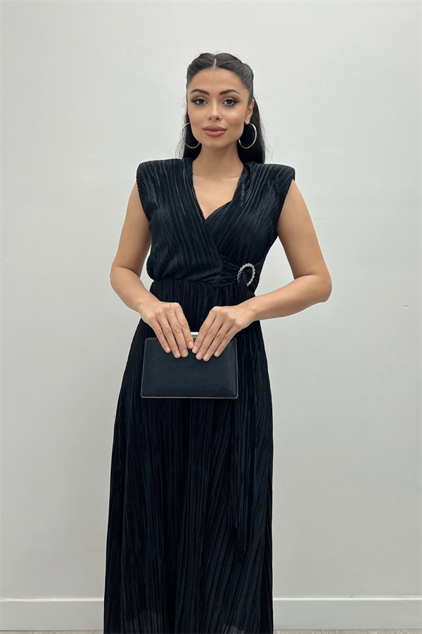 Pliseli Kumaş Beli Lastikli Kemerli Elbise - SİYAH