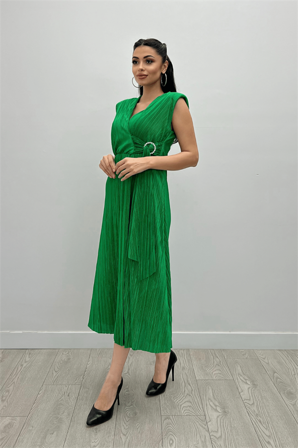 Pliseli Kumaş Beli Lastikli Kemerli Elbise - YEŞİL