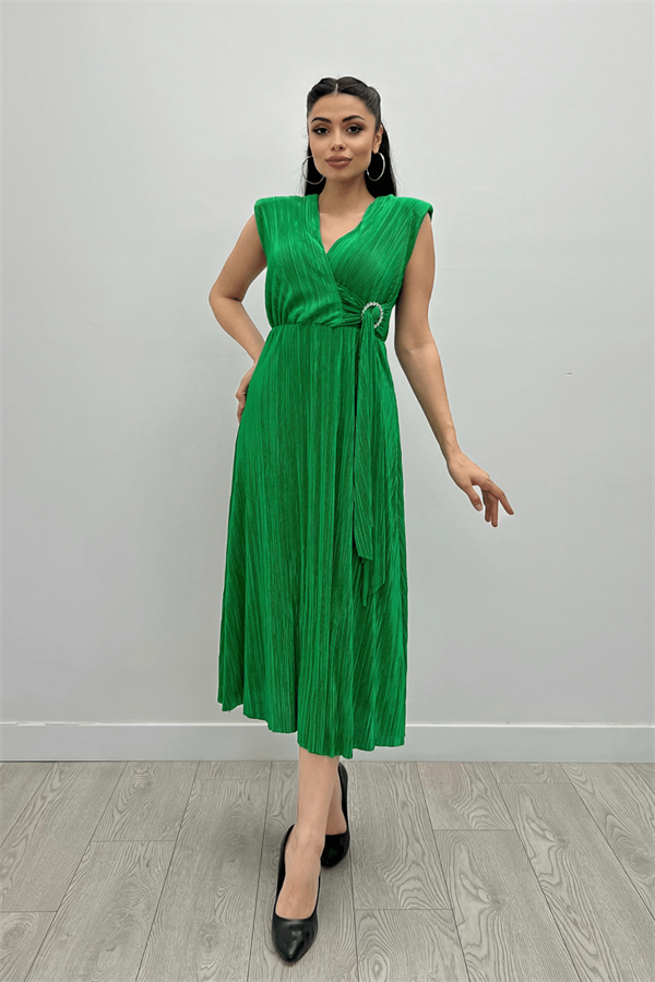 Pliseli Kumaş Beli Lastikli Kemerli Elbise - YEŞİL