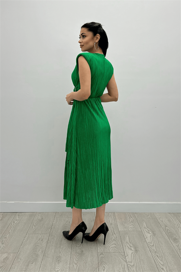 Pliseli Kumaş Beli Lastikli Kemerli Elbise - YEŞİL