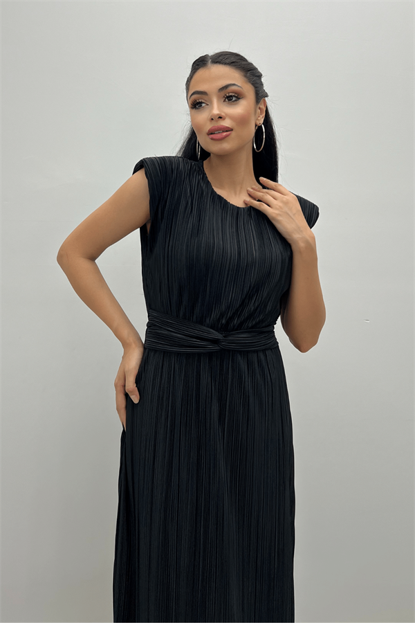 Pliseli Kumaş Kemer Detaylı Midi Elbise - SİYAH
