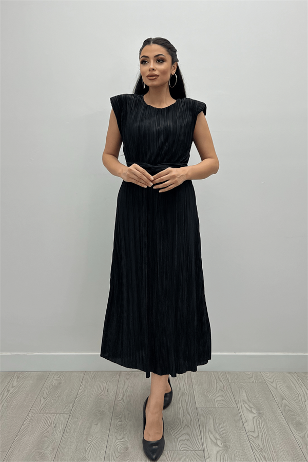 Pliseli Kumaş Kemer Detaylı Midi Elbise - SİYAH