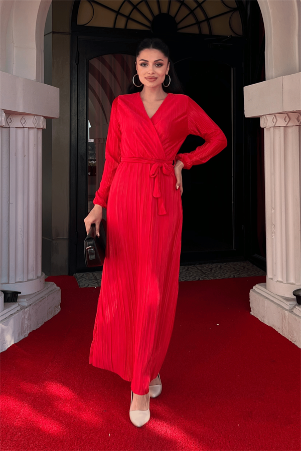 Pliseli Kuşaklı Elbise - KIRMIZI