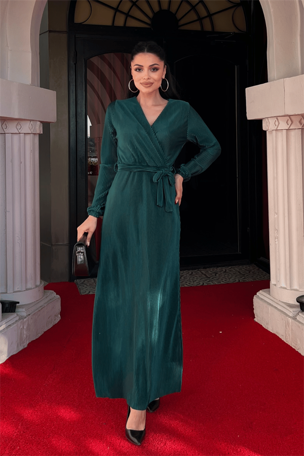 Pliseli Kuşaklı Elbise - ZÜMRÜT YEŞİL