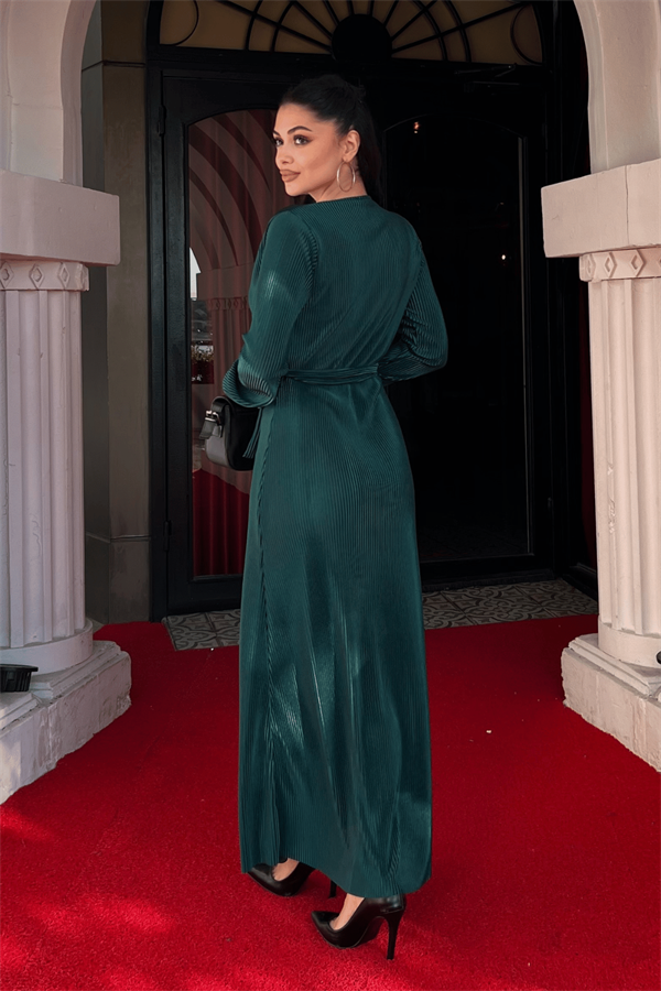 Pliseli Kuşaklı Elbise - ZÜMRÜT YEŞİL