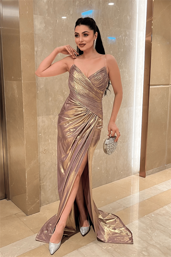 Pliseli Lame Kumaş Straplez Abiye Elbise - BRONZ