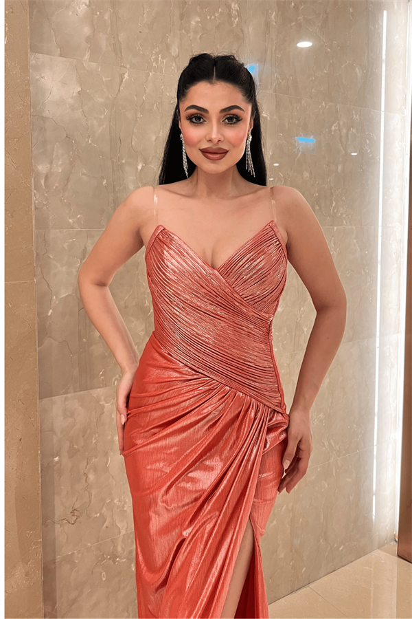 Pliseli Lame Kumaş Straplez Abiye Elbise - TURUNCU