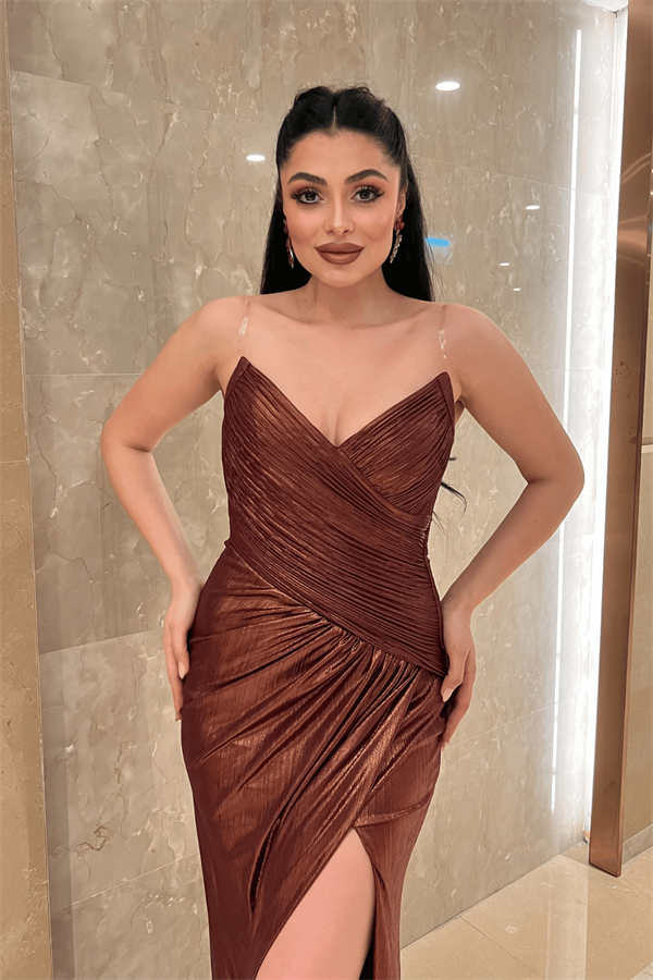 Pliseli Lame Kumaş Straplez Abiye Elbise - KİREMİT