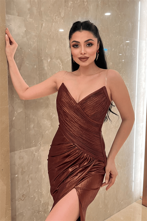 Pliseli Lame Kumaş Straplez Abiye Elbise - KİREMİT