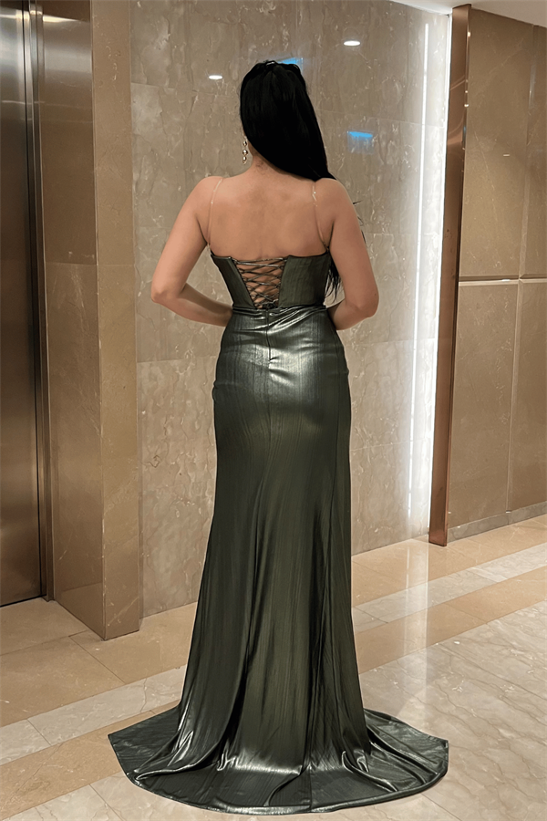 Pliseli Lame Kumaş Straplez Abiye Elbise - HAKİ YEŞİLİ