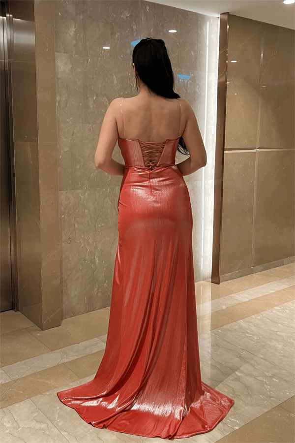 Pliseli Lame Kumaş Straplez Abiye Elbise - TURUNCU