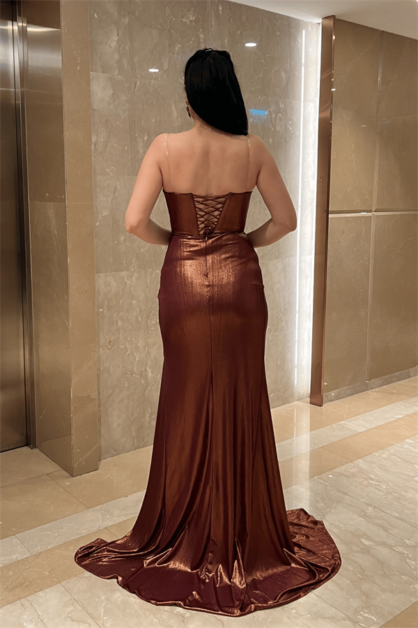 Pliseli Lame Kumaş Straplez Abiye Elbise - KİREMİT