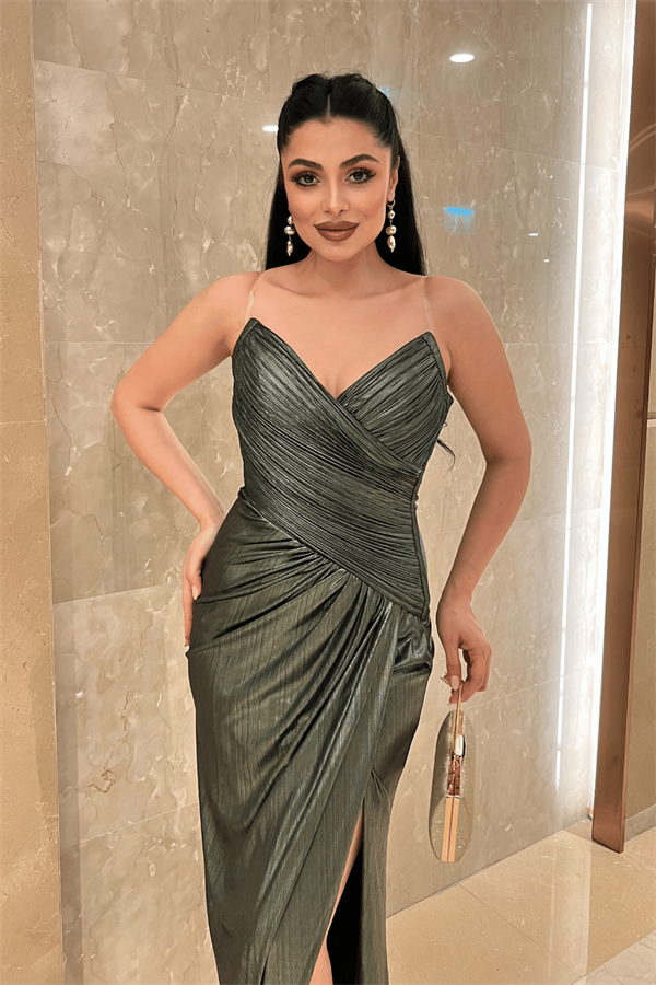 Pliseli Lame Kumaş Straplez Abiye Elbise - HAKİ YEŞİLİ