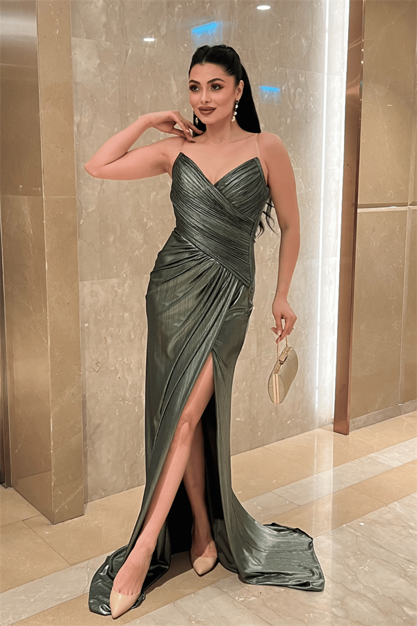 Pliseli Lame Kumaş Straplez Abiye Elbise - HAKİ YEŞİLİ