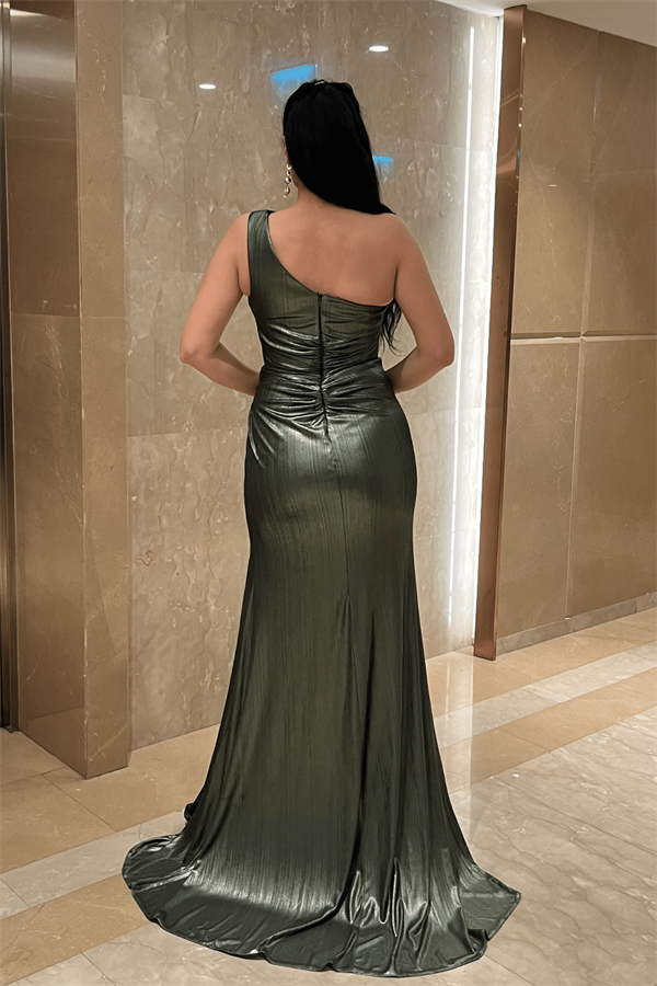 Pliseli Lame Kumaş Tasarım Elbise - HAKİ YEŞİLİ