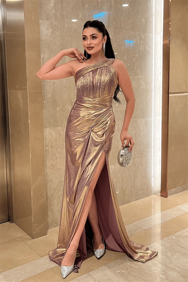 Pliseli Lame Kumaş Tasarım Elbise - LİLA