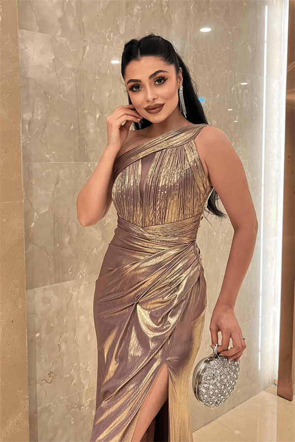 Pliseli Lame Kumaş Tasarım Elbise - LİLA