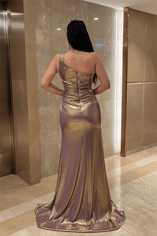 Pliseli Lame Kumaş Tasarım Elbise - LİLA