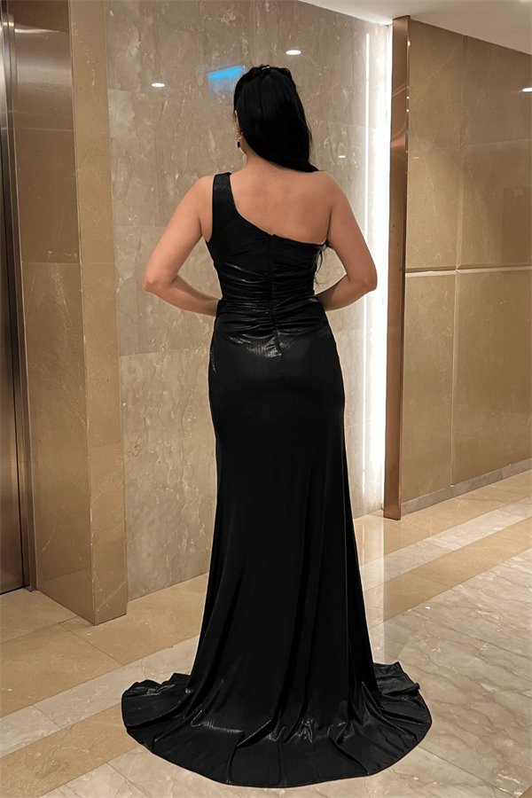 Pliseli Lame Kumaş Tasarım Elbise - SİYAH