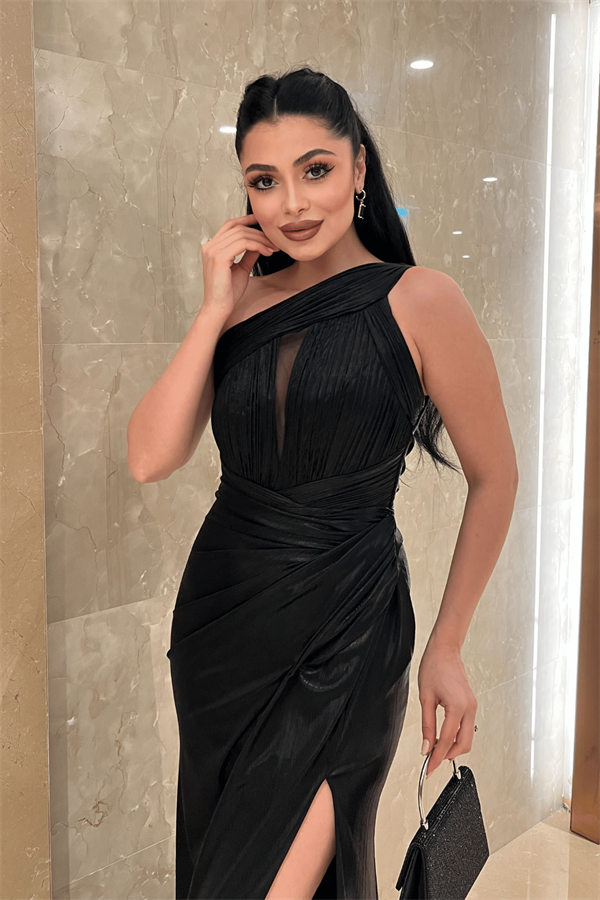 Pliseli Lame Kumaş Tasarım Elbise - SİYAH