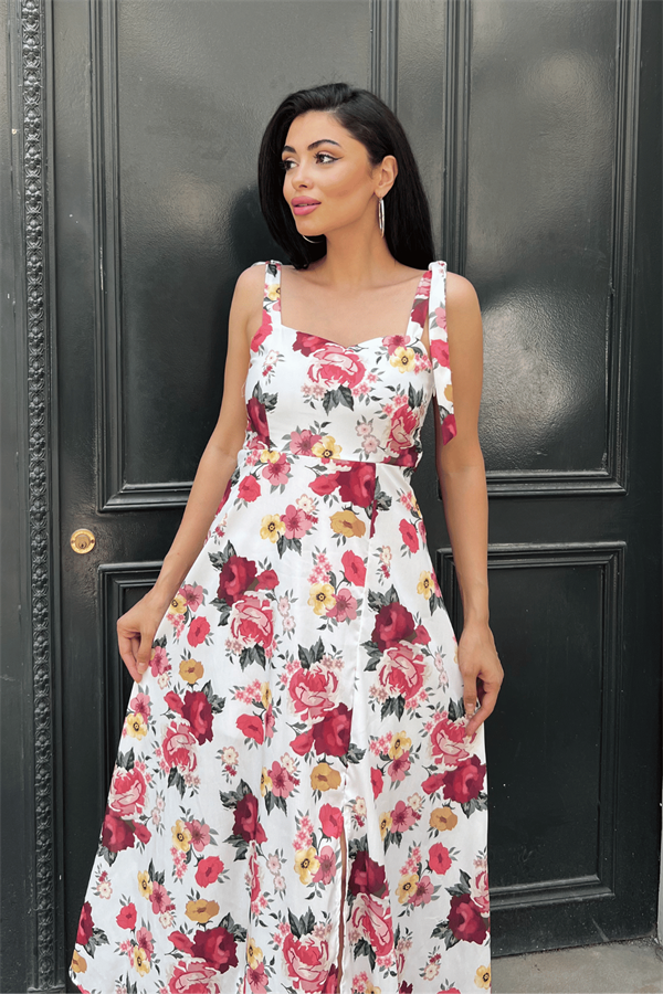 Poplin Çiçek Desenli Askılı Midi Elbise - BEYAZ