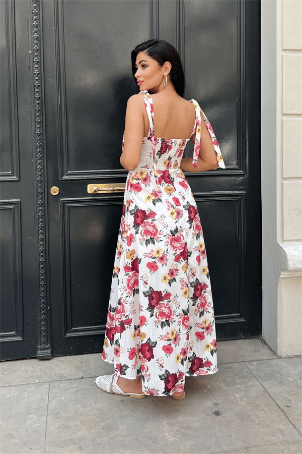 Poplin Çiçek Desenli Askılı Midi Elbise - BEYAZ