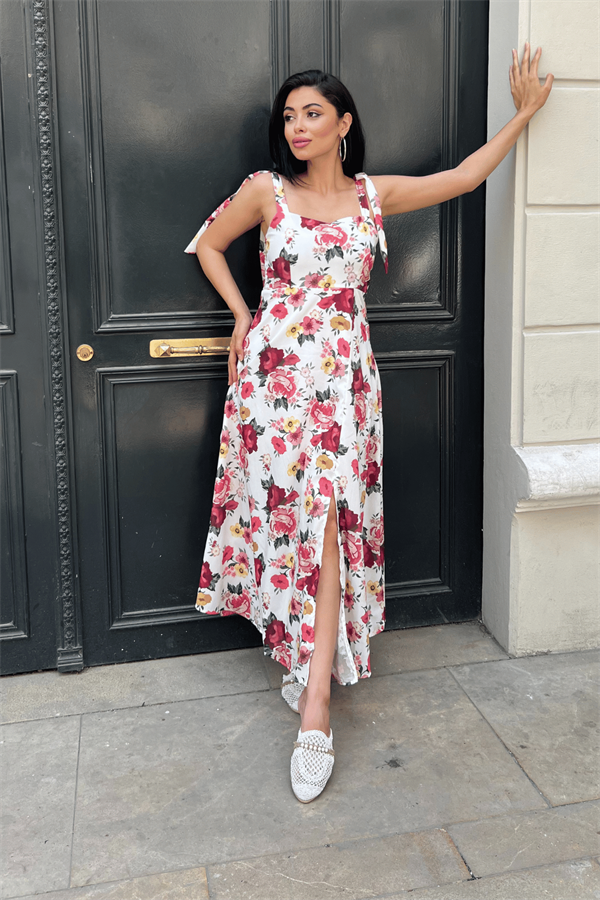 Poplin Çiçek Desenli Askılı Midi Elbise - BEYAZ