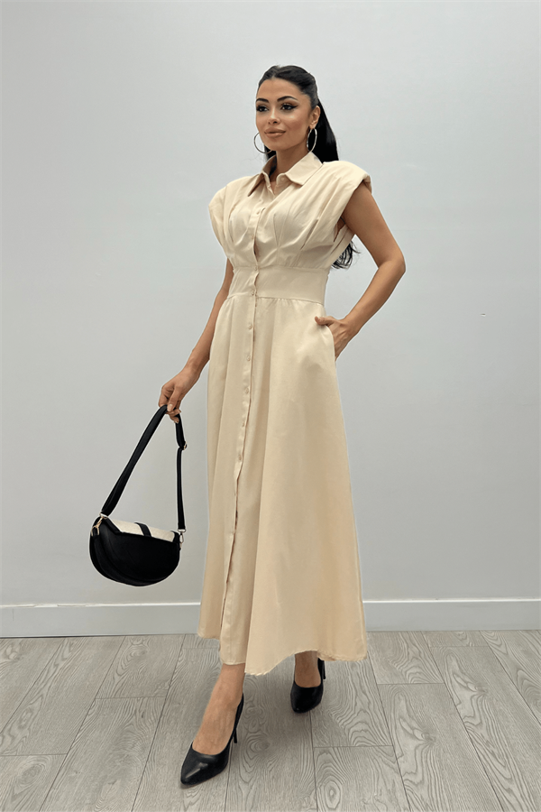 Poplin Kumaş Düğme Detaylı Elbise - KREM