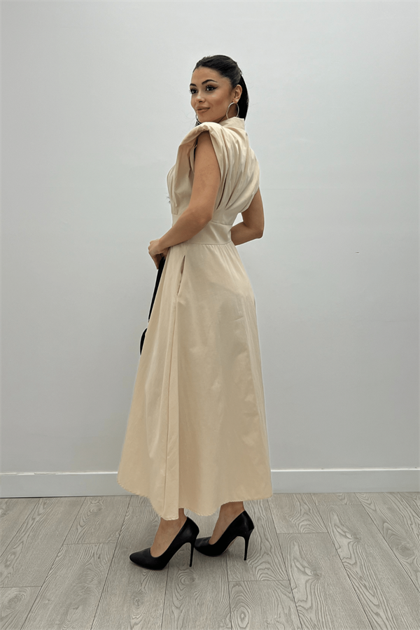 Poplin Kumaş Düğme Detaylı Elbise - KREM