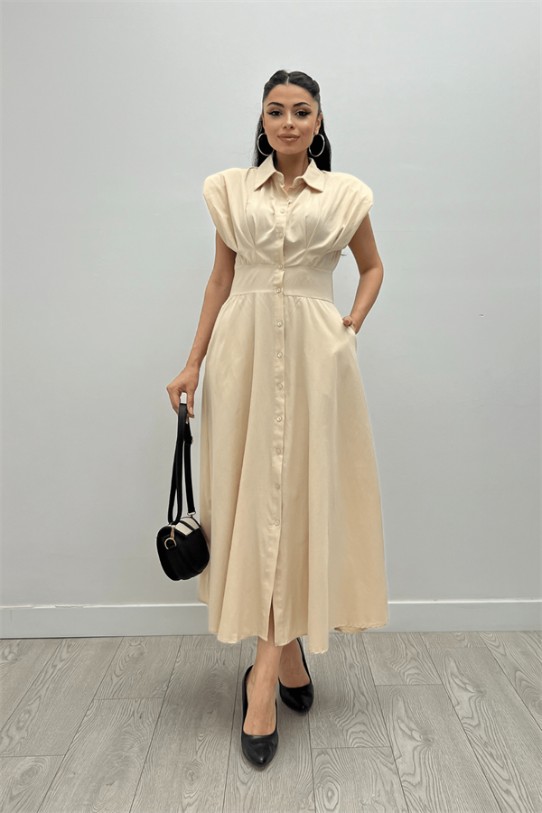 Poplin Kumaş Düğme Detaylı Elbise - KREM
