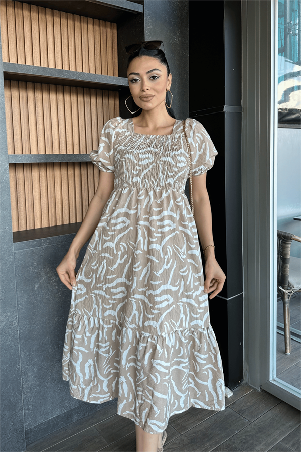 Poplin Kumas Göğüsü Büzgü  Detaylı Midi Elbise - KREM