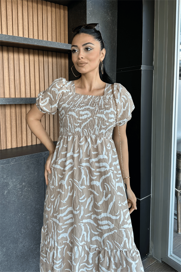 Poplin Kumas Göğüsü Büzgü  Detaylı Midi Elbise - KREM
