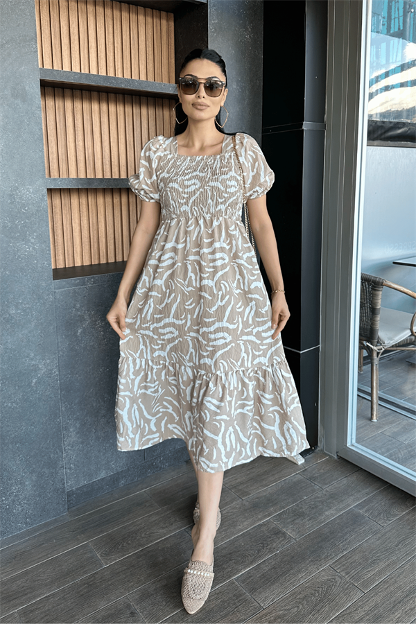 Poplin Kumas Göğüsü Büzgü  Detaylı Midi Elbise - KREM