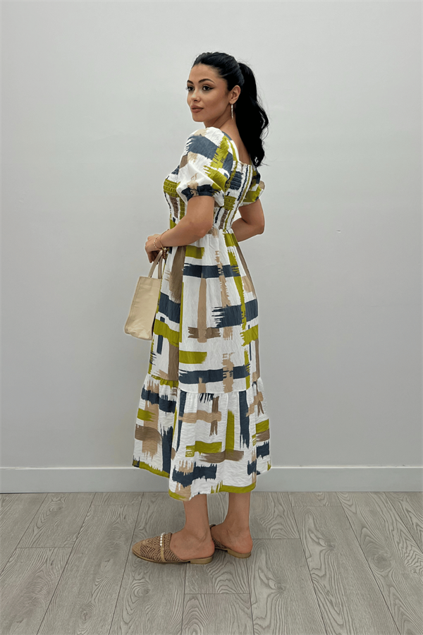 Poplin Kumas Göğüsü Büzgü  Detaylı Midi Elbise - YEŞİL