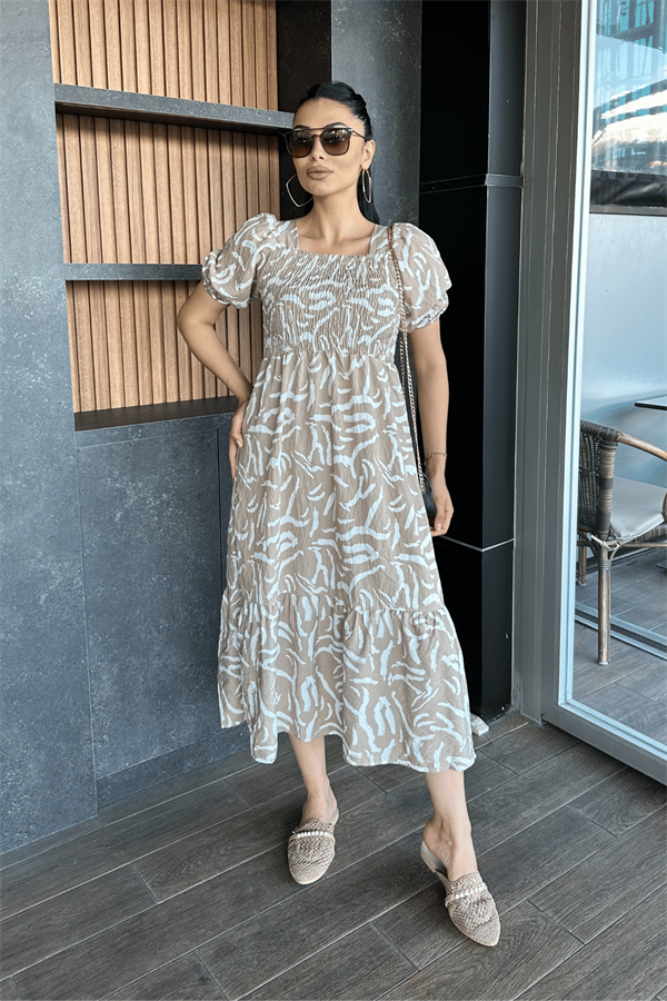 Poplin Kumas Göğüsü Büzgü  Detaylı Midi Elbise - KREM