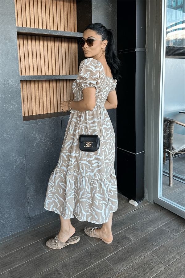 Poplin Kumas Göğüsü Büzgü  Detaylı Midi Elbise - KREM