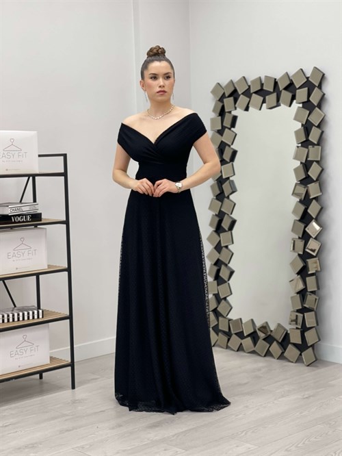 فستان بياقة على شكل قارب مفصل منقطة - الأسود