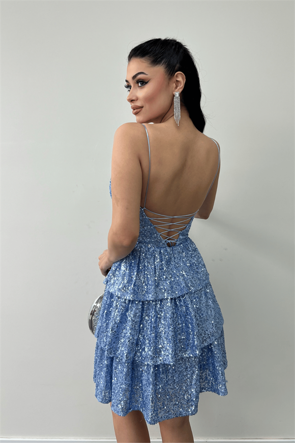 Pul Payet Kat Kat Mini Elbise - İNDİGO MAVİ