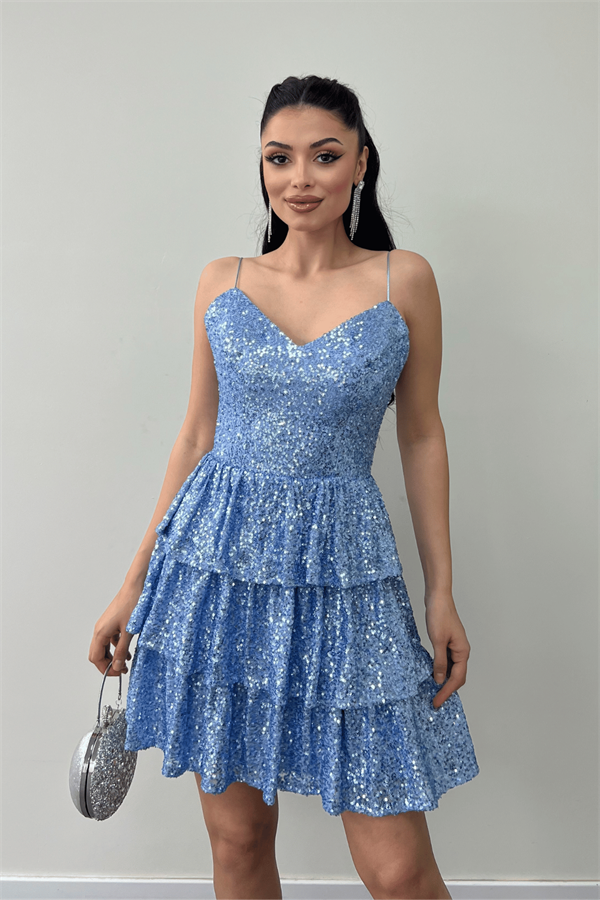 Pul Payet Kat Kat Mini Elbise - İNDİGO MAVİ