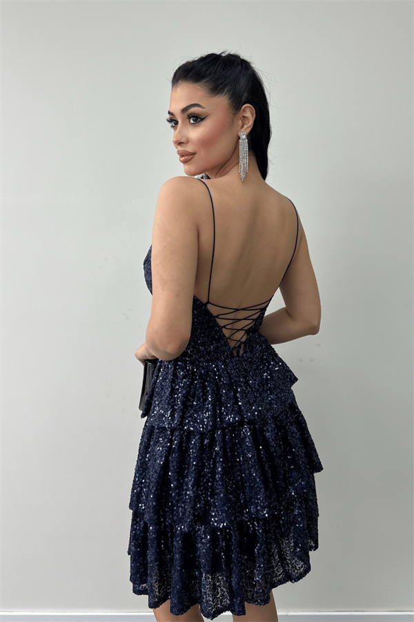 Pul Payet Kat Kat Mini Elbise - LACİVERT