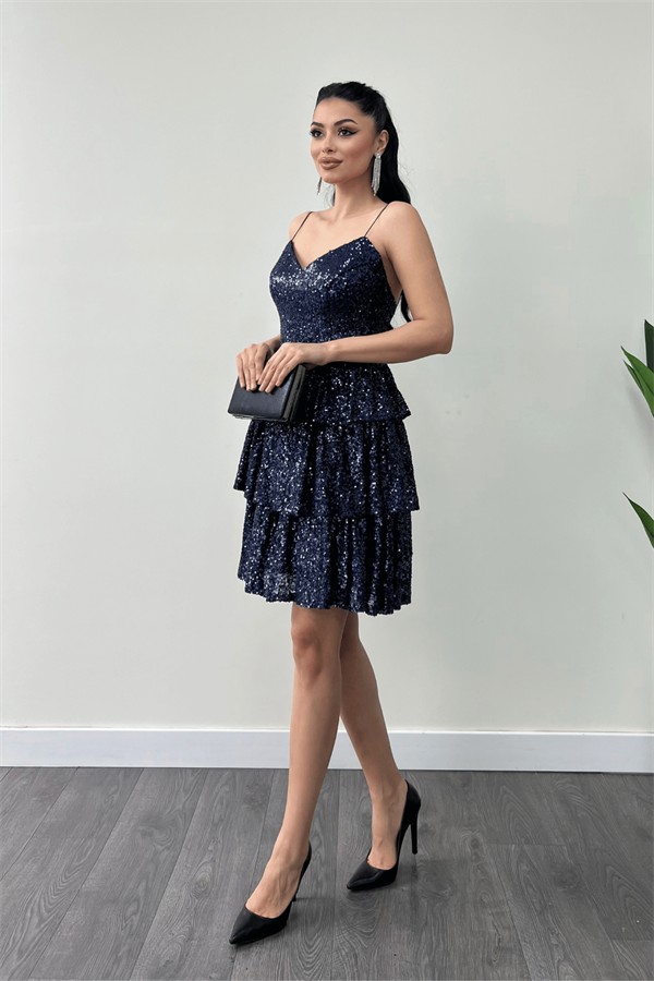 Pul Payet Kat Kat Mini Elbise - LACİVERT