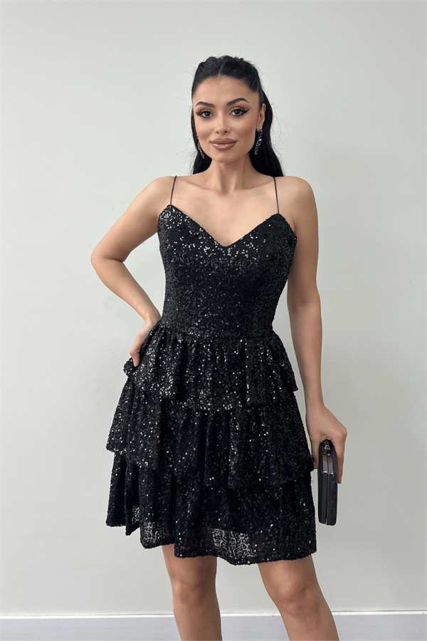 Pul Payet Kat Kat Mini Elbise - SİYAH